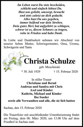 Traueranzeige von Christa Schulze (geb. Muschinski)  von Magdeburger Volksstimme