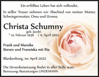 Traueranzeige von Christa Schumny (geb. Jacobi)  von Magdeburger Volksstimme