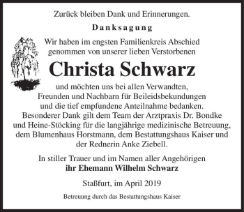 Traueranzeige von Christa Schwarz  von Magdeburger Volksstimme