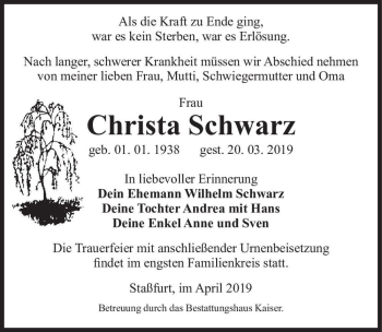 Traueranzeige von Christa Schwarz  von Magdeburger Volksstimme