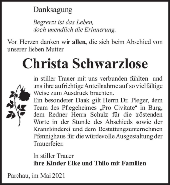 Traueranzeige von Christa Schwarzlose  von Magdeburger Volksstimme
