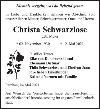Traueranzeige von Christa Schwarzlose (geb. Meier)  von Magdeburger Volksstimme