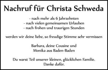 Traueranzeige von Christa Schweda  von Magdeburger Volksstimme