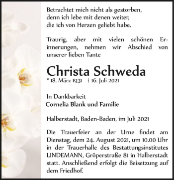 Traueranzeige von Christa Schweda  von Magdeburger Volksstimme