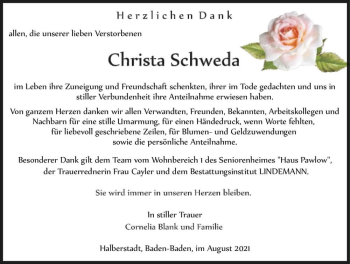 Traueranzeige von Christa Schweda  von Magdeburger Volksstimme