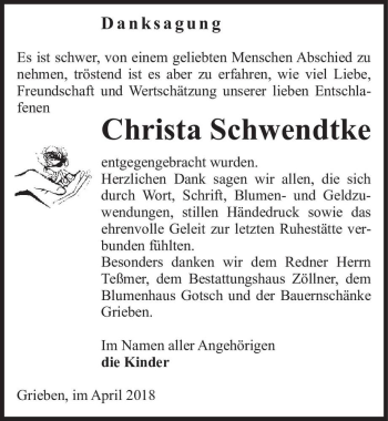 Traueranzeige von Christa Schwendtke  von Magdeburger Volksstimme