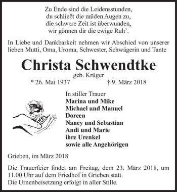 Traueranzeige von Christa Schwendtke (geb. Krüger)  von Magdeburger Volksstimme