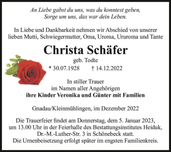 Traueranzeige von Christa Schäfer (geb. Todte)  von Magdeburger Volksstimme