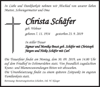 Traueranzeige von Christa Schäfer (geb. Wehner)  von Magdeburger Volksstimme