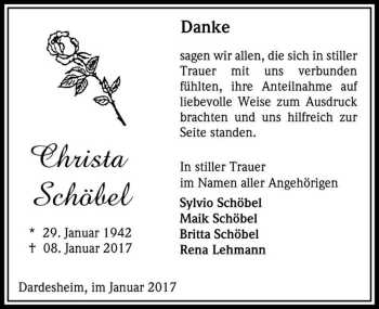 Traueranzeige von Christa Schöbel  von Magdeburger Volksstimme