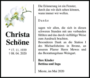Traueranzeige von Christa Schöne  von Magdeburger Volksstimme