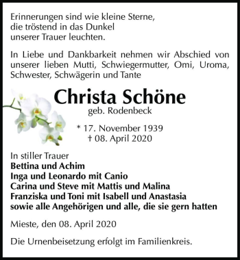 Traueranzeige von Christa Schöne (geb. Rodenbeck)  von Magdeburger Volksstimme