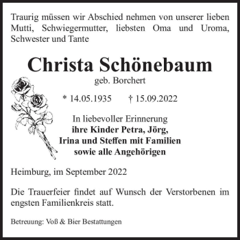 Traueranzeige von Christa Schönebaum (geb. Borchert)  von Magdeburger Volksstimme