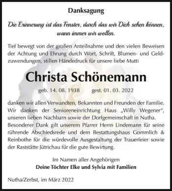 Traueranzeige von Christa Schönemann  von Magdeburger Volksstimme