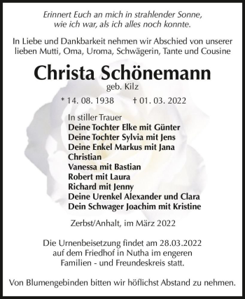 Traueranzeige von Christa Schönemann (geb. Kilz)  von Magdeburger Volksstimme