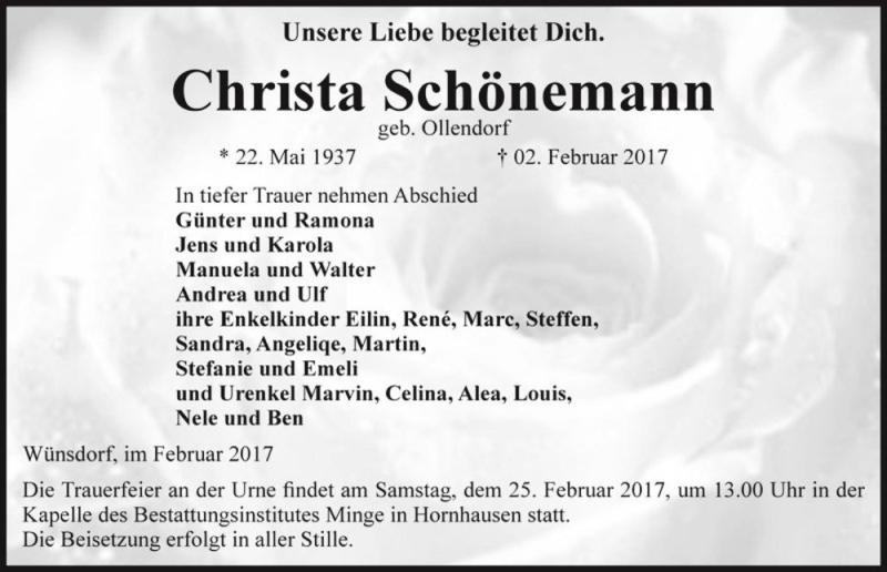  Traueranzeige für Christa Schönemann (geb. Ollendorf)  vom 11.02.2017 aus Magdeburger Volksstimme