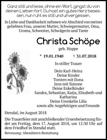 Traueranzeige von Christa Schöpe (geb. Hoppe)  von Magdeburger Volksstimme