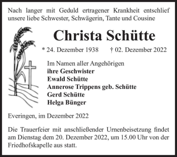 Traueranzeige von Christa Schütte  von Magdeburger Volksstimme