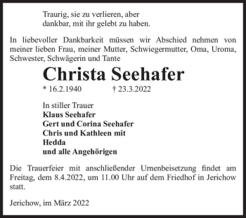 Traueranzeige von Christa Seehafer  von Magdeburger Volksstimme