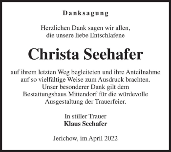 Traueranzeige von Christa Seehafer  von Magdeburger Volksstimme