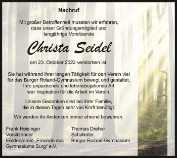 Traueranzeige von Christa Seidel  von Magdeburger Volksstimme