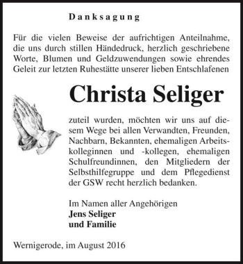 Traueranzeige von Christa Seliger  von Magdeburger Volksstimme