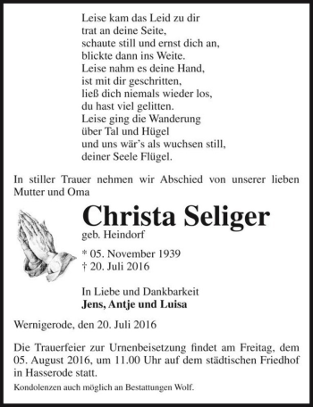 Traueranzeige von Christa Seliger (geb. Heindorf)  von Magdeburger Volksstimme