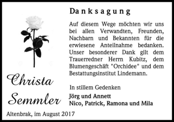 Traueranzeige von Christa Semmler  von Magdeburger Volksstimme