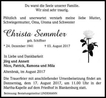 Traueranzeige von Christa Semmler (geb. Schiffner)  von Magdeburger Volksstimme