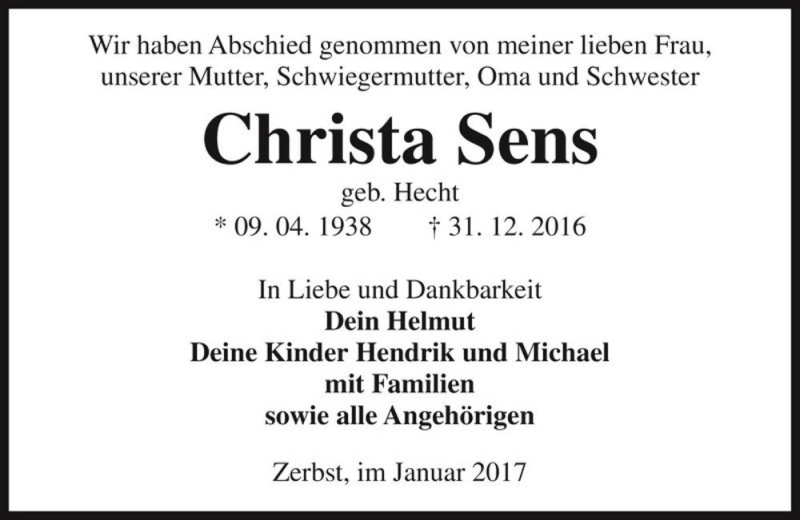  Traueranzeige für Christa Sens (geb. Hecht)  vom 28.01.2017 aus Magdeburger Volksstimme