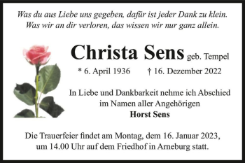 Traueranzeige von Christa Sens (geb. Tempel)  von Magdeburger Volksstimme