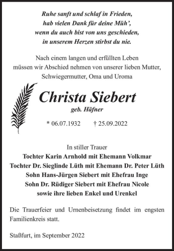 Traueranzeige von Christa Siebert (geb. Häfner)  von Magdeburger Volksstimme