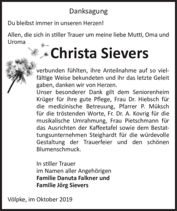 Traueranzeige von Christa Sievers  von Magdeburger Volksstimme