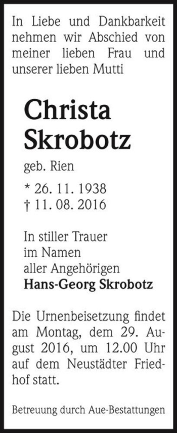 Traueranzeige von Christa Skrobotz (geb. Rien)  von Magdeburger Volksstimme