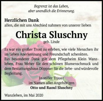 Traueranzeige von Christa Sluschny (geb. Linde)  von Magdeburger Volksstimme