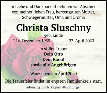Traueranzeige von Christa Sluschny (geb. Linde)  von Magdeburger Volksstimme