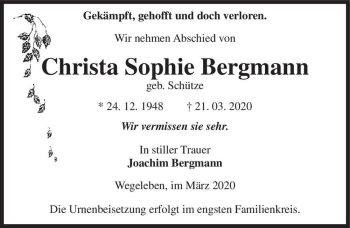 Traueranzeige von Christa Sophie Bergmann (geb. Schütze)  von Magdeburger Volksstimme