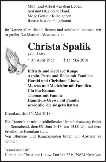 Traueranzeige von Christa Spalik (geb. Haase)  von Magdeburger Volksstimme