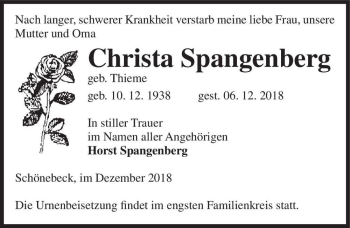 Traueranzeige von Christa Spangenberg (geb. Thieme)  von Magdeburger Volksstimme