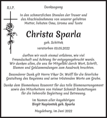 Traueranzeige von Christa Sparla (geb. Schittek)  von Magdeburger Volksstimme