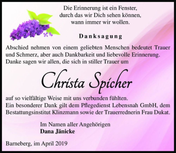 Traueranzeige von Christa Spicher  von Magdeburger Volksstimme