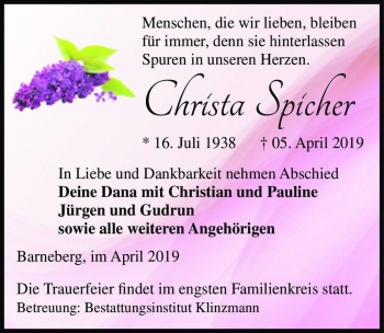 Traueranzeige von Christa Spicher  von Magdeburger Volksstimme