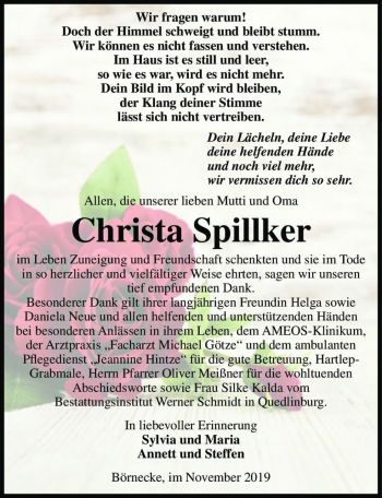 Traueranzeige von Christa Spillker  von Magdeburger Volksstimme