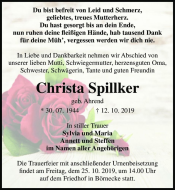 Traueranzeige von Christa Spillker (geb. Ahrend)  von Magdeburger Volksstimme