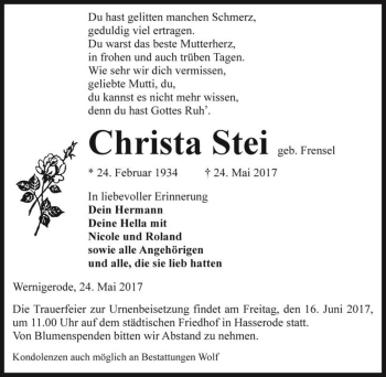 Traueranzeige von Christa Stei (geb. Frensel)  von Magdeburger Volksstimme