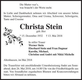 Traueranzeige von Christa Stein (geb. Hor)  von Magdeburger Volksstimme