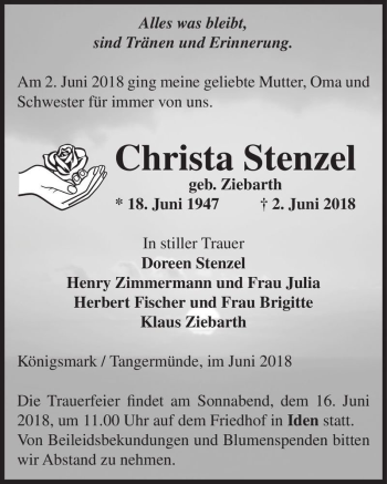 Traueranzeige von Christa Stenzel (geb. Ziebarth)  von Magdeburger Volksstimme