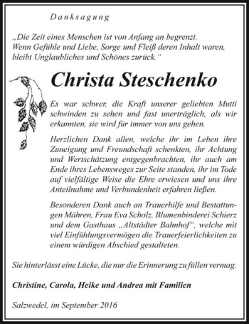 Traueranzeige von Christa Steschenko  von Magdeburger Volksstimme