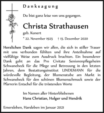 Traueranzeige von Christa Strathausen (geb. Kunert)  von Magdeburger Volksstimme