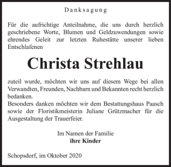 Traueranzeige von Christa Strehlau  von Magdeburger Volksstimme